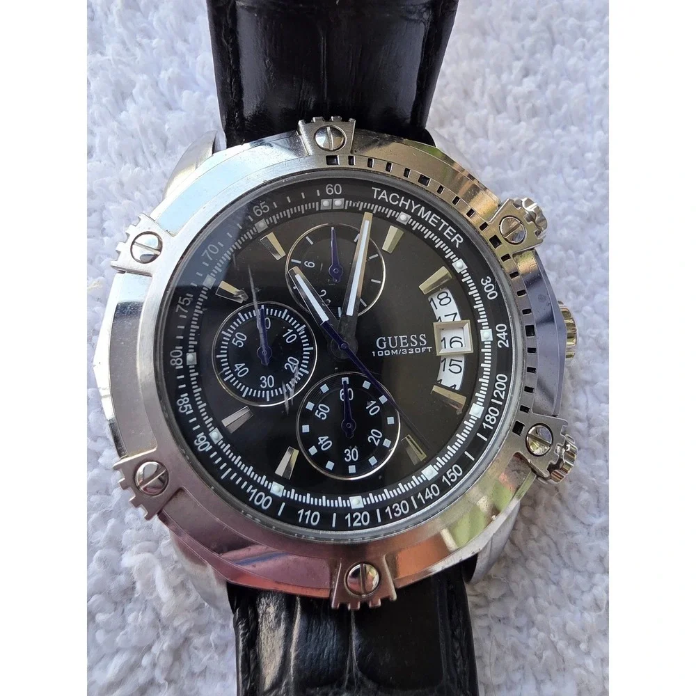 Guess Waterpro Chronograph Mens Watch Black Leather Strap U16518G2 100M Stainles